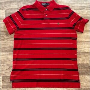 Polo Ralph Lauren Mens XL Custom Fit Polo Shirt Red Navy White Striped Cotton